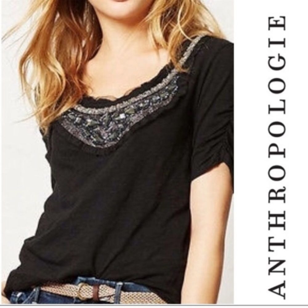 Deletta Anthropologie Top Women S Black Embellished Scoop Neck Ruched Sleeve